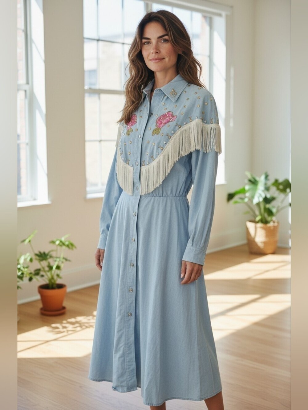 Vintage Handmade Western Denim Dress with White Fringe & Pink Rose Embroidery
